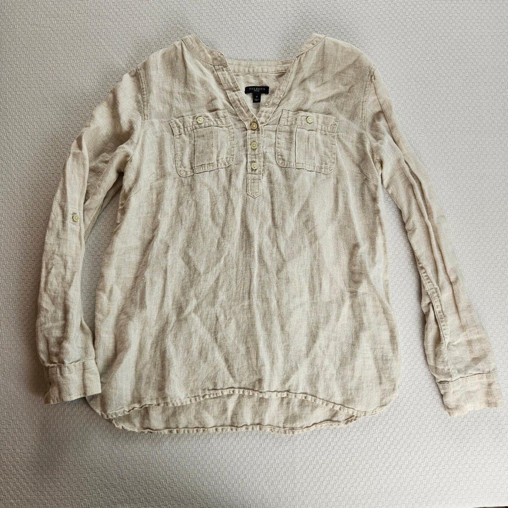 Talbots Petites 100% Linen Henley Tunic Oatmeal Beige Roll Tab Sleeve Size S